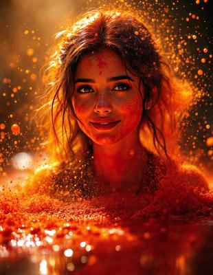 The primary subject of the image is a woman with red hair, who is smiling and appears to be enjoying herself. She is surrounded by a red, orange, and yellow color palette, which creates a vibrant and lively atmosphere. The setting is a pool of water, and the visual style is a combination of photo and digital art. The woman's expression and the vivid colors evoke a sense of happiness and fun.